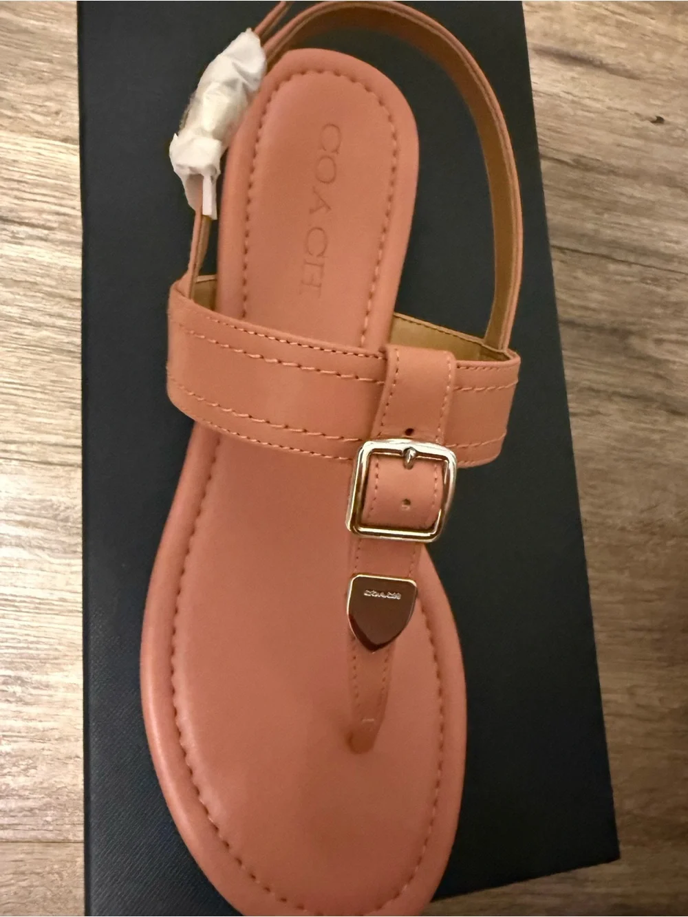 Coach Coral-Peach Leather T-Strap Sandal with Silver Buckle